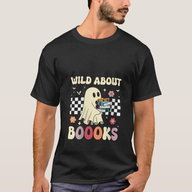 Womens Wild about books chequered ghost reading bo T-Shirt (Front)