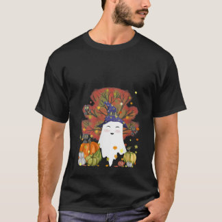 Womens Witch Ghost Cat Pumpkin Coffee Lover Fall L T-Shirt