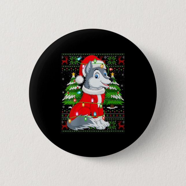 Womens Wolf Christmas Lights Santa Costume Ugly Xm 2 Inch Round Button (Front)