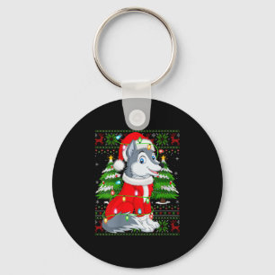 Womens Wolf Christmas Lights Santa Costume Ugly Xm Keychain