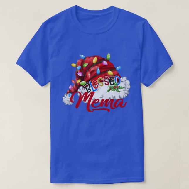 Womens Womens Blessed Mema Santa Hat  Xmas Light  T-Shirt (Design Front)