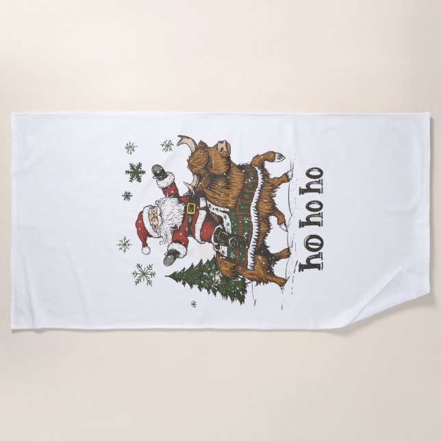 Womens Xmas Tree Lighting Santa Riding Highland Co Beach Towel (Front)