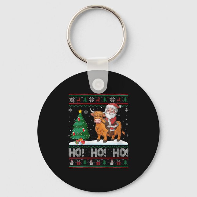Womens Xmas Tree Lighting Santa Riding Highland Co Keychain (Front)