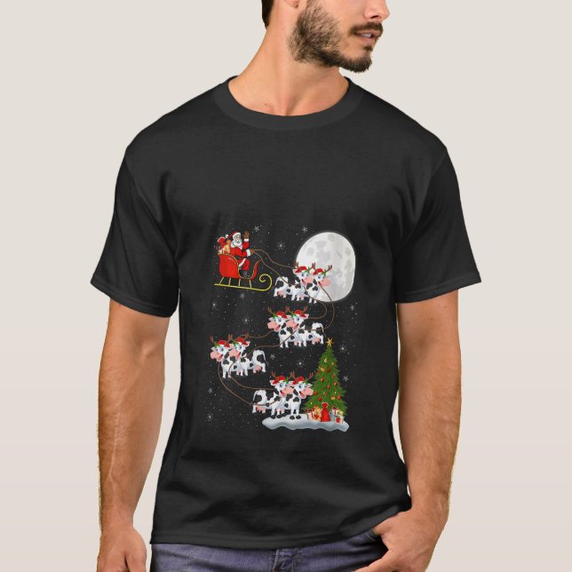 Womens Xmas Tree Lights Funny Santa Riding Cattle  T-Shirt (Front)