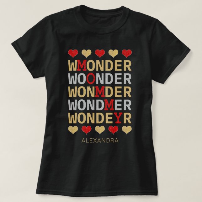 Wonder Mommy Red Gold Silver Glitter Custom Name T-Shirt (Design Front)
