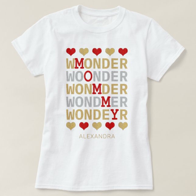 Wonder Mommy Red Gold Silver Glitter Name Custom T-Shirt (Design Front)