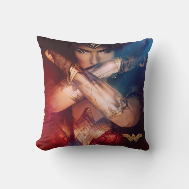 Wonder Woman Blocking With Bracelets Throw Pillow (Front)