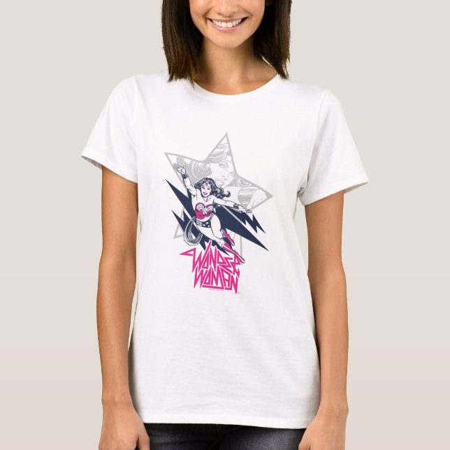 Wonder Woman Glam Rock Flying Character Graphic T-Shirt (Front)
