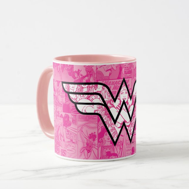 Wonder Woman Pink Comic Book Collage Logo Mug (Front Left)