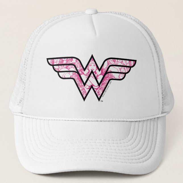 Wonder Woman Pink Comic Book Collage Logo Trucker Hat (Front)