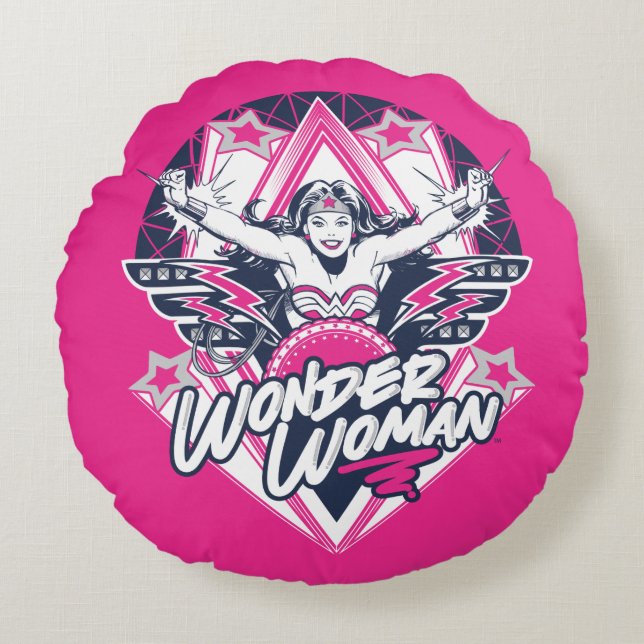 Wonder Woman Retro Glam Rock Graphic Round Pillow (Front)