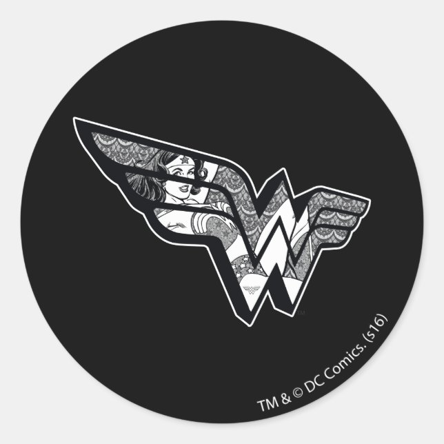 Wonder Woman Sitting In Angled Lace Logo Classic Round Sticker (Front)
