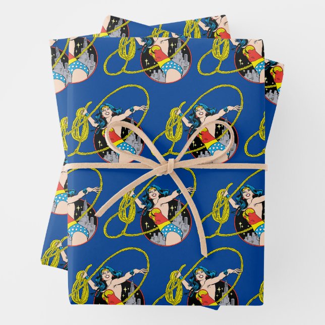 Wonder Woman with City Background Wrapping Paper Sheet (In situ)