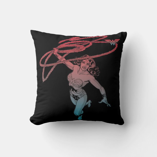 Wonder Woman With Lasso Red Blue Gradient Line Art Throw Pillow (Front)