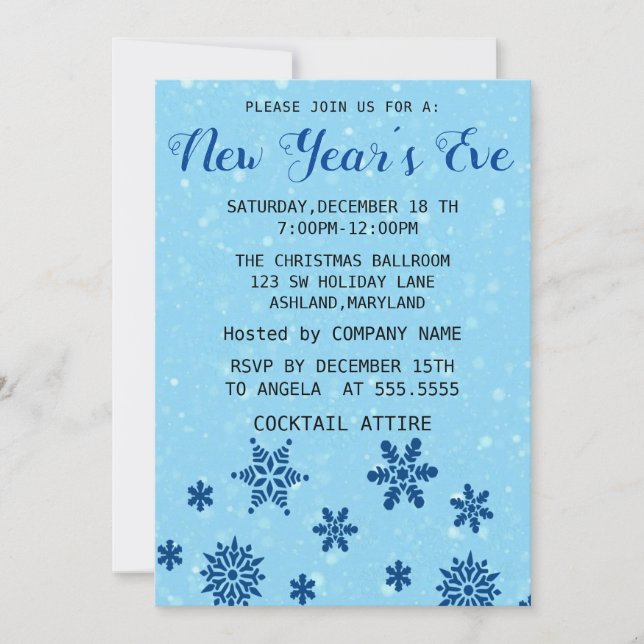 Wonderful, Amazing, Blue Snow Flake New Year Invitation (Front)