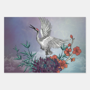 Wonderful crane with flowers wrapping paper sheet