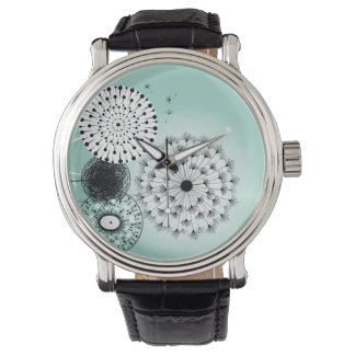 Wonderful Dandelions Blue Vintage Leather Strap Watch