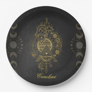 Wonderful golden fantasy planet and moon paper plate