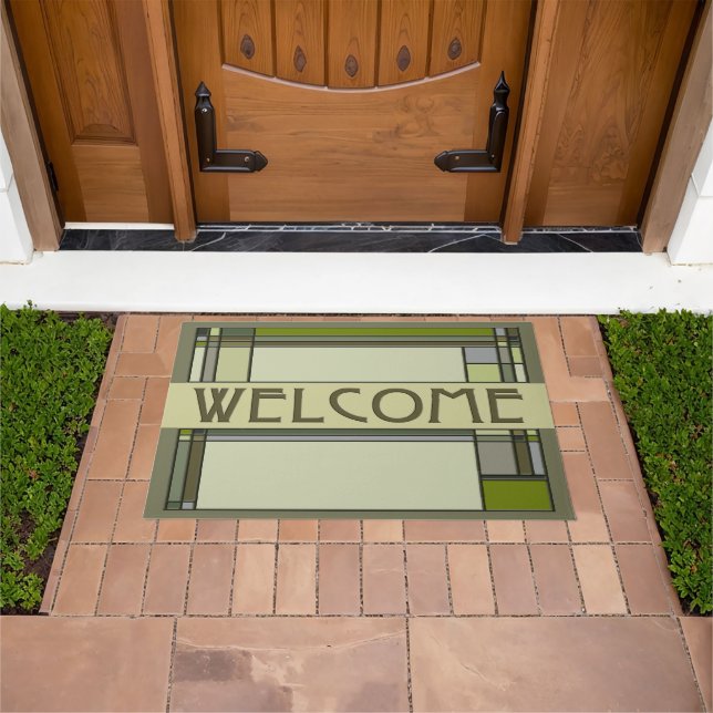 Wonderful Green Arts & Crafts Geometric Patterns Doormat (Outdoor)