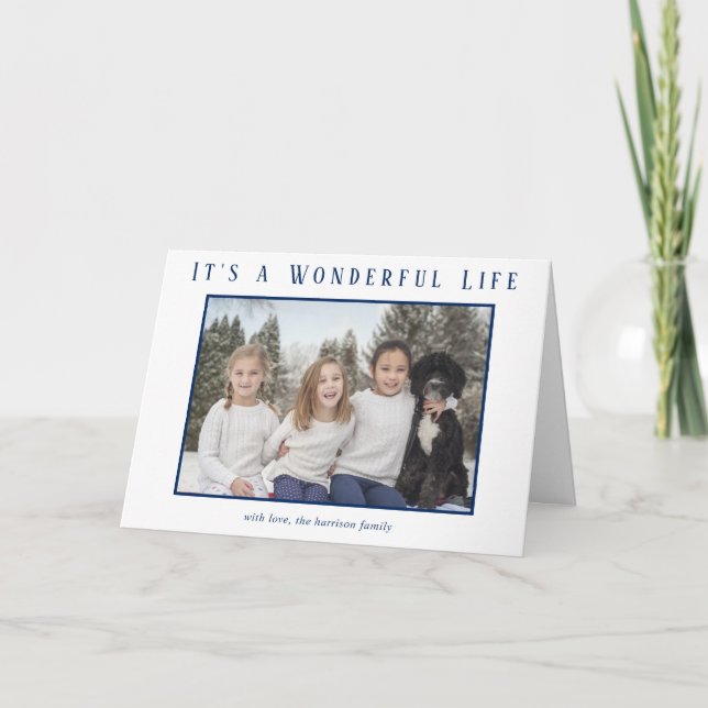 Wonderful Life Blue Photo Modern Christmas Holiday Card (Front)