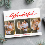 Wonderful life three photo red Christmas Holiday Card<br><div class="desc">This simple red and white holiday card features a unique "it's a wonderful life" type treatment along with three photos and a custom greeting. The red text colour is festive and stylish and coordinates well with a variety of photos. This holiday card is great as a family Christmas card, a...</div>