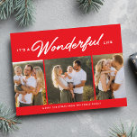 Wonderful life three photo red Christmas Holiday Card<br><div class="desc">This simple red holiday card features a unique "it's a wonderful life" type treatment along with three photos and a custom greeting. The red background colour is festive and stylish and coordinates well with a variety of photos. This holiday card is great as a family Christmas card, a couple's Christmas...</div>