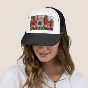 Wonderful Mom in colourful bold flowers with Trucker Hat