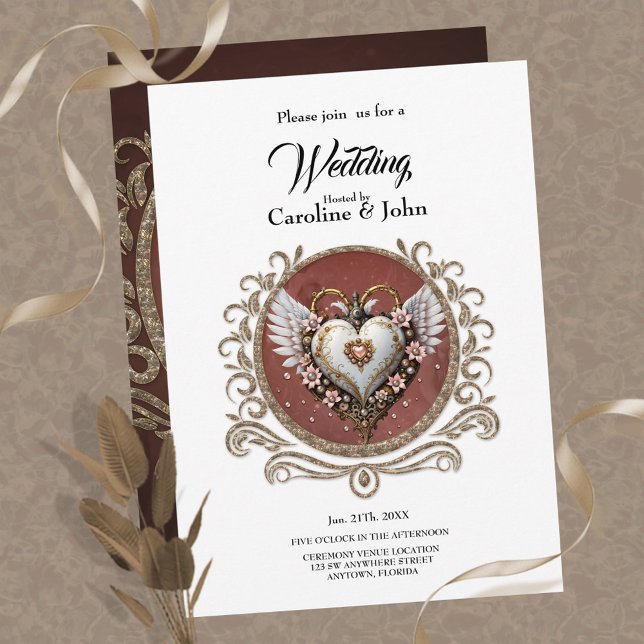 Wonderful noble  steampunk heart with wings invitation (Heart)
