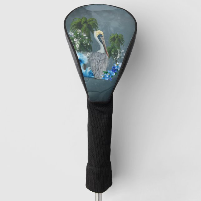 Wonderful pelican with wave and palm trees golf head cover (Front)