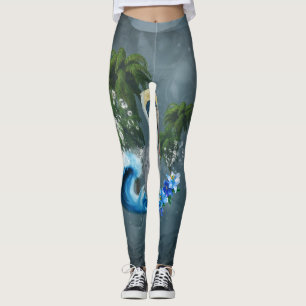 Wonderful pelican with wave and palm trees leggings