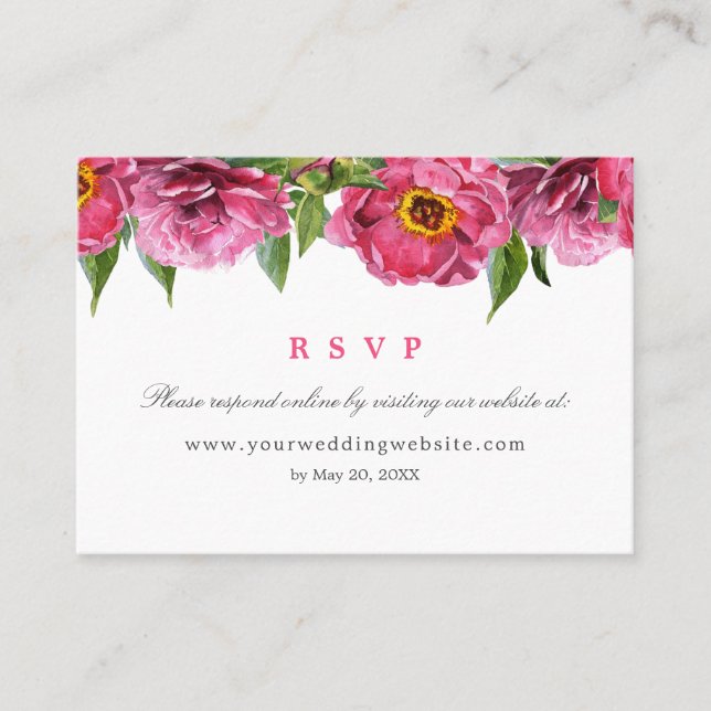 Wonderful pink peony Wedding  RSVP Online Website Business Card (Front)
