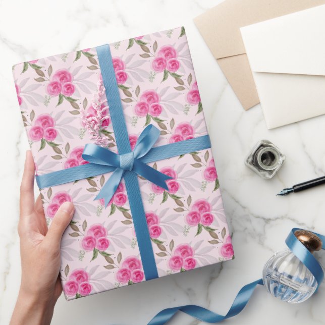 Wonderful Pink Roses Watercolor Pattern Wrapping Paper (Gifting)