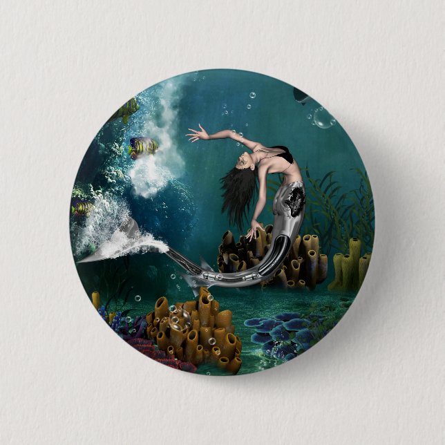 Wonderful steampunk mermaid 2 inch round button (Front)