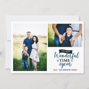 Wonderful time Blue plaid Holiday 2 photo collage Card