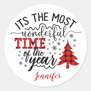 Wonderful Time of the Year Plaid Christmas Tree  Classic Round Sticker