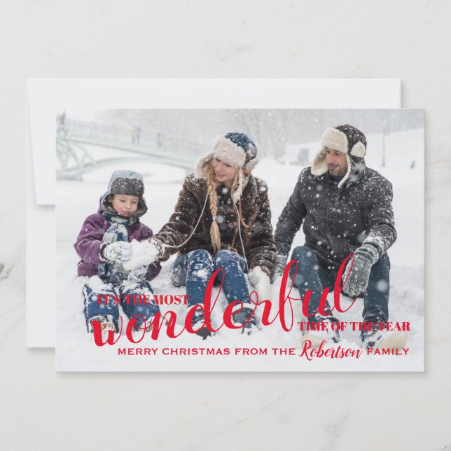 Wonderful Time of the Year Red Christmas Photo Holiday Card (Front)