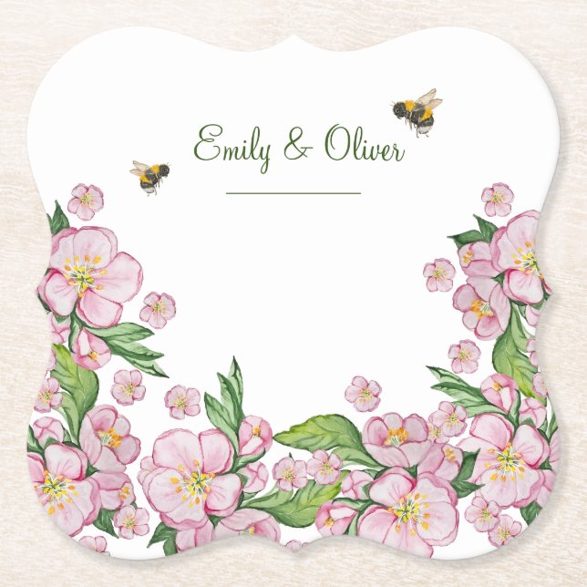 Wonderful watercolor apple tree flowers and bее paper coaster (Front)