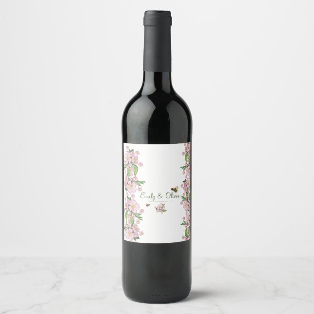 Wonderful watercolor apple tree flowers and bее wine label (Front)