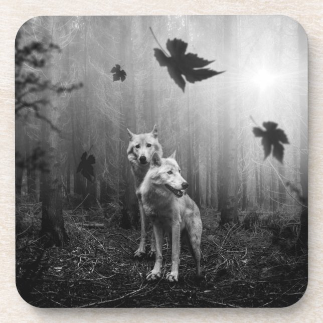 Wonderful Wolves Black and White Leaf Us Alone  Coaster (Front)