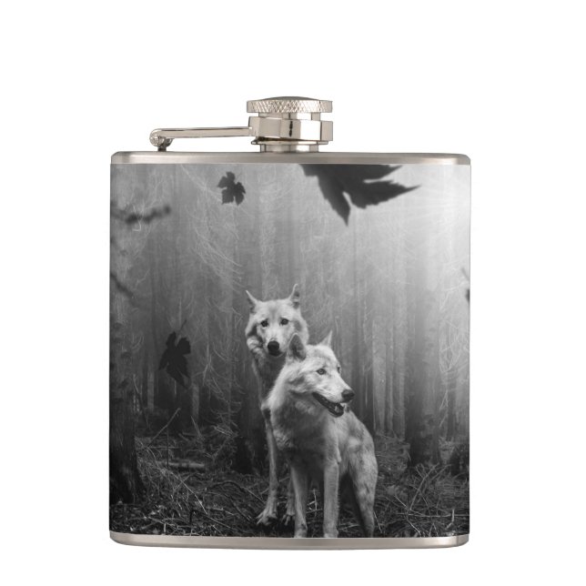 Wonderful Wolves Black and White Leaf Us Alone  Hip Flask (Front)