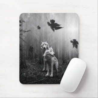 Wonderful Wolves Black and White Leaf Us Alone Mouse Pad