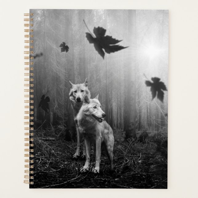 Wonderful Wolves Black and White Leaf Us Alone  Planner (Front)