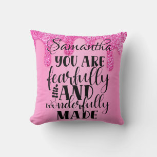 Wonderfully Made Bible Quote Pink Glitter Name Throw Pillow