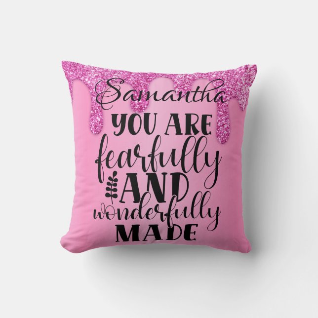 Wonderfully Made Bible Quote Pink Glitter Name Throw Pillow (Front)