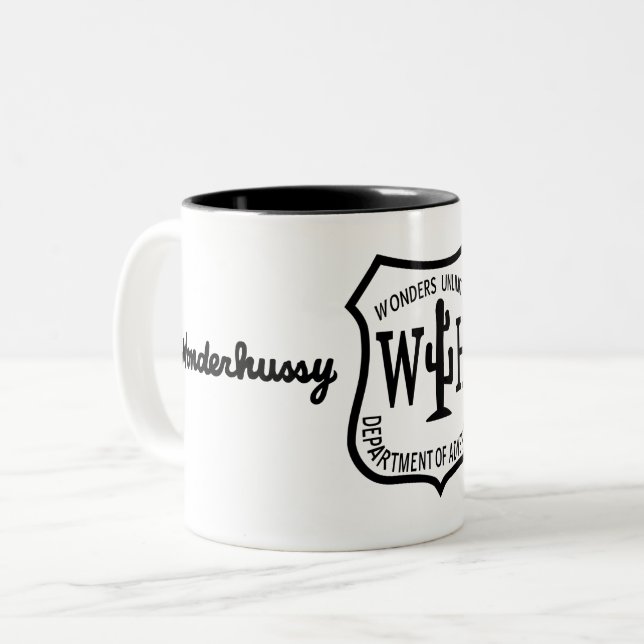 Wonderhussy Adventures B&W Desert Badge Two-Tone Coffee Mug (Front Left)