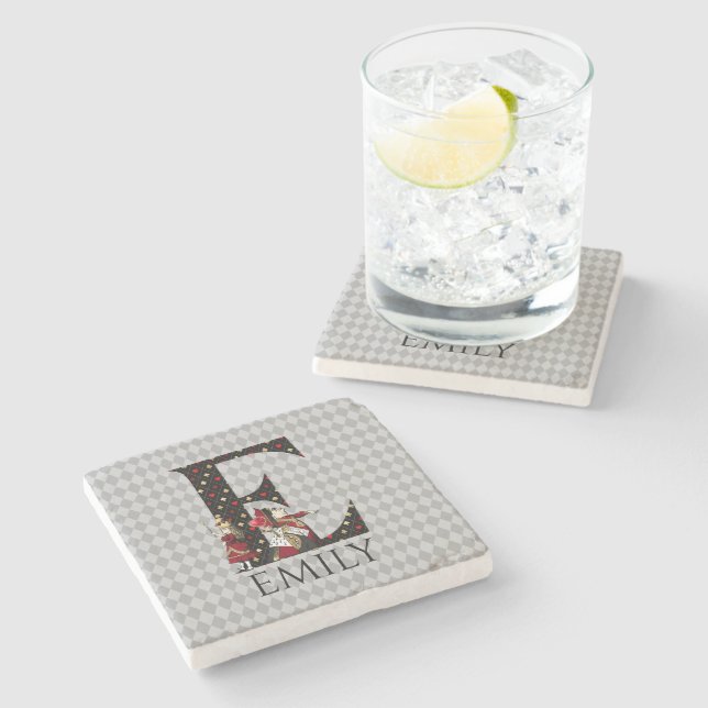 Wonderland Alice & Queen of Hearts Letter E  Stone Coaster (Side)