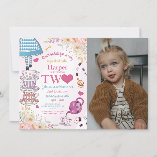 Wonderland Birthday Two Tea Party 2nd Girls Invitation (Front)