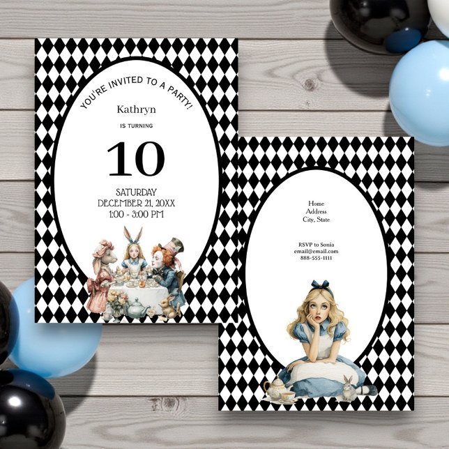Wonderland Black White Vintage Birthday Party Invitation (Creator Uploaded)