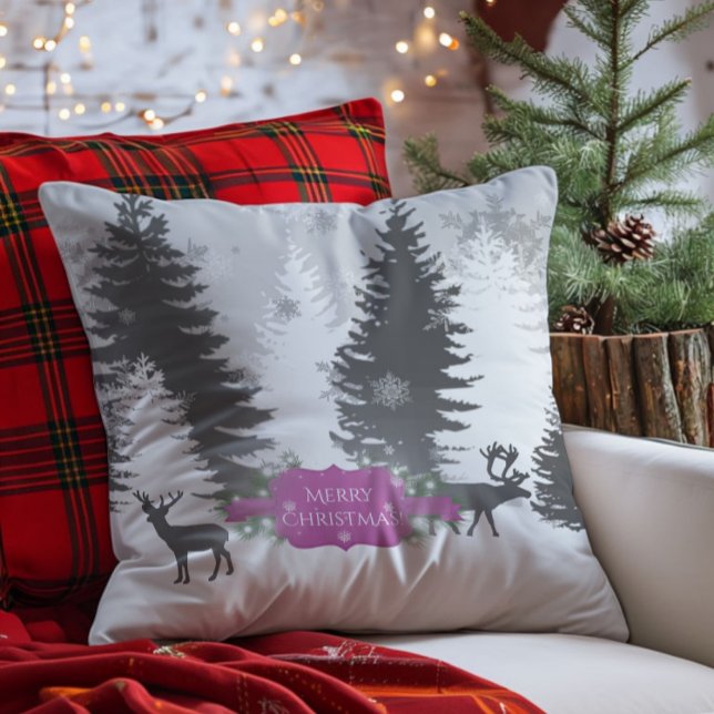 Wonderland d'hiver Oreiller de Noël - Magenta (Magenta Winter Wonderland Christmas Throw Pillow)