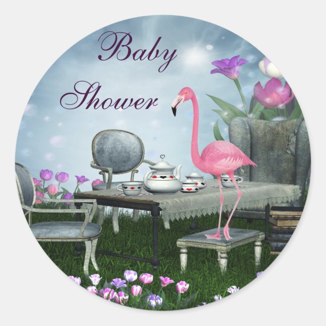 Wonderland Flamingo Baby Shower Stickers (Front)